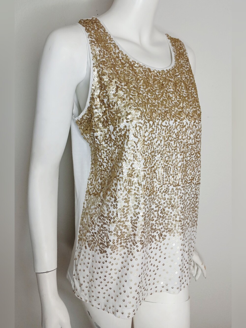 Chico's Sequin Embellished White & Gold Sleeveless Top